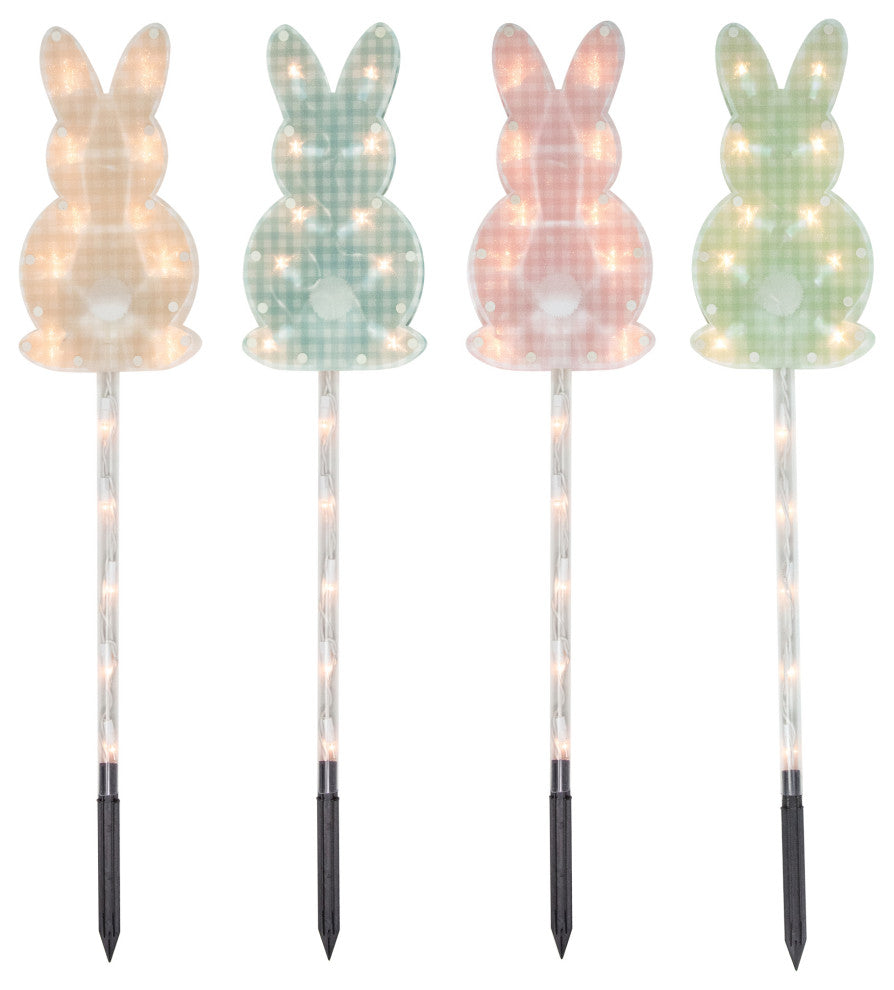 4ct Plaid Pastel Bunny Easter Pathway Marker Lawn Stakes, Clear Lights