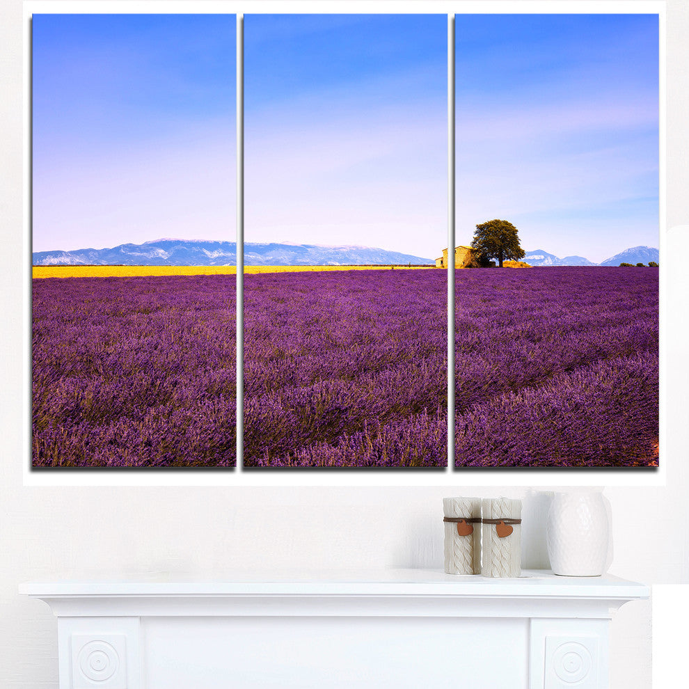 "Lavender Flowers With Old House" Metal Wall Art, 3 Panels, 36"x28"