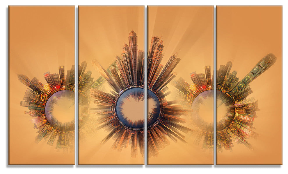 "Miniature Earth Planets With Skyscrapers" Abstract Wall Art, 48"x28", 4-Panels