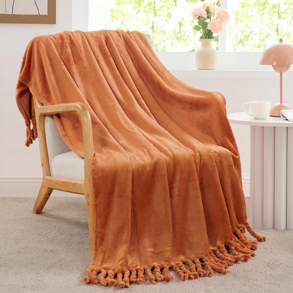 Braided Rope Flannel Fleece Throw, Burnt Orange, 50"x60"