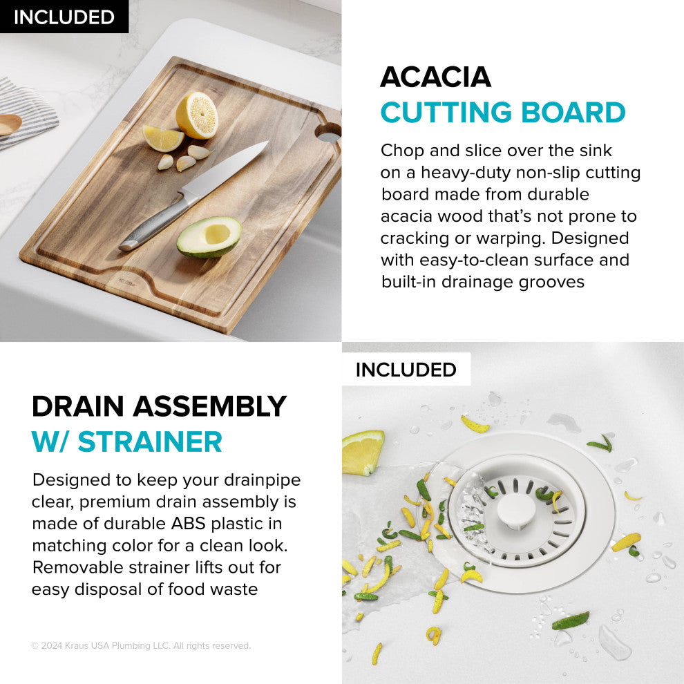 KRAUS Bellucci 33" Workstation Drop, Farmhouse Granite Kitchen Sink White