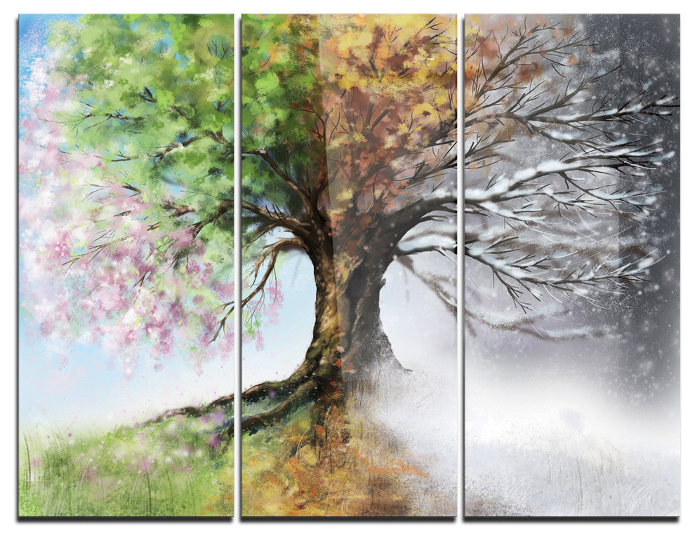 "Tree With Four Seasons" Tree Painting Metal Wall Art, 3 Panels, 36"x28"