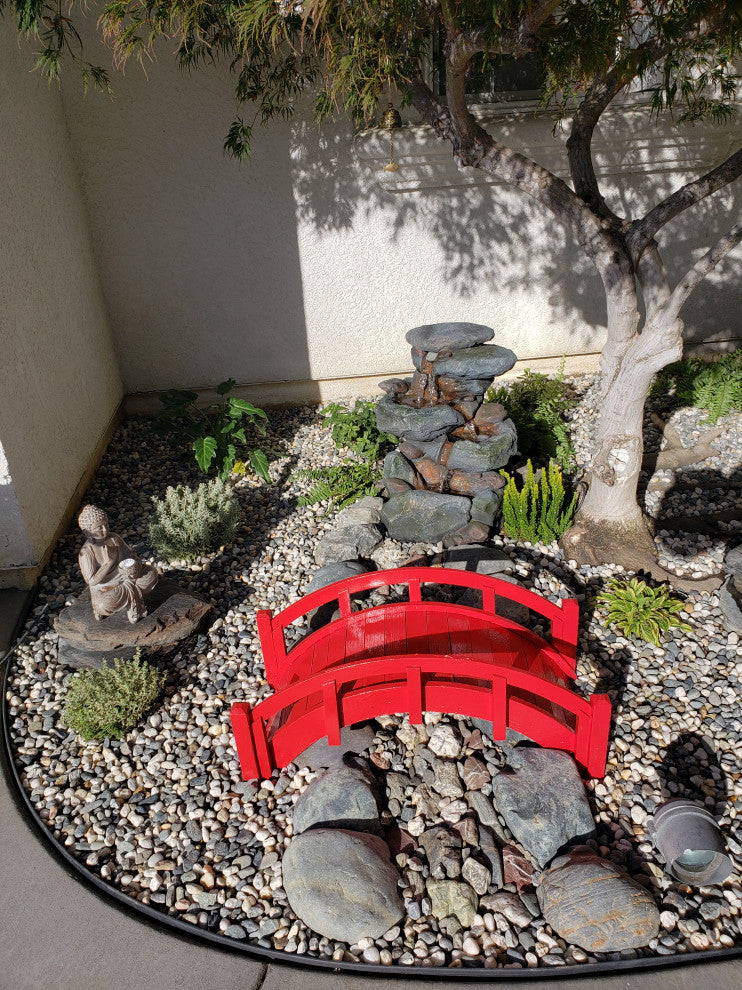 Miniature Red Japanese Wood Garden Bridge, 25", Assembled