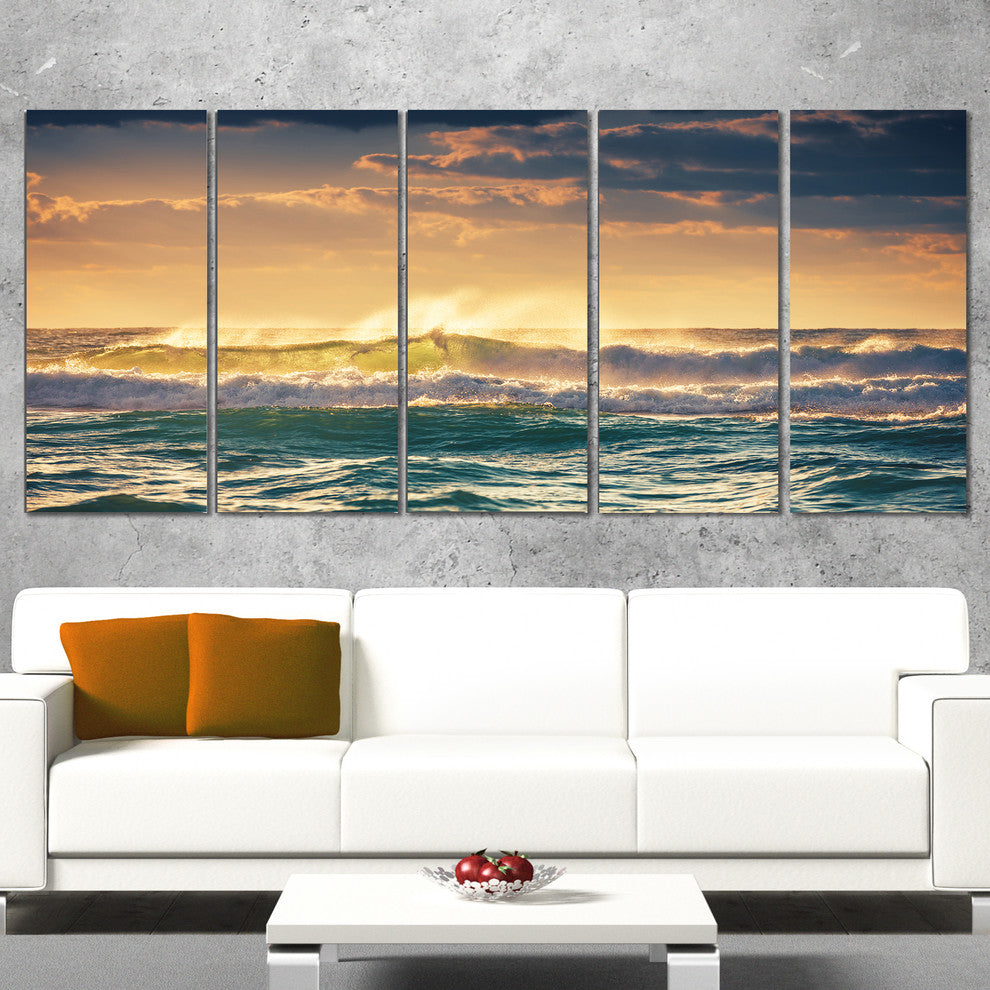 "Sunrise And Shining Waves in Ocean" Seashore Canvas Wall Art, 5 Panels, 60"x28"
