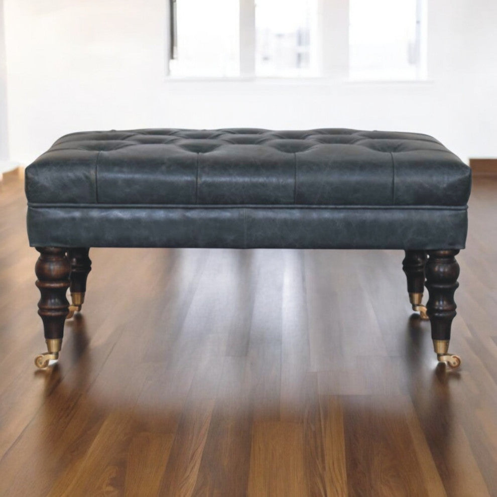 Ottoman Upholstered Buffalo Teal Leather With Castor Legs Artisan Furniture