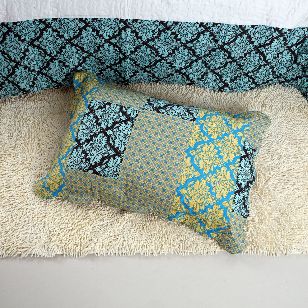 Tache Damask Turquoise Reversible Patchwork Bedspread Quilt Set, Queen