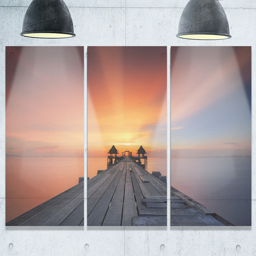 "Wooden Bridge Under Illuminated Sky" Sea Pier Metal Wall Art, 3 Panels, 36"x28"
