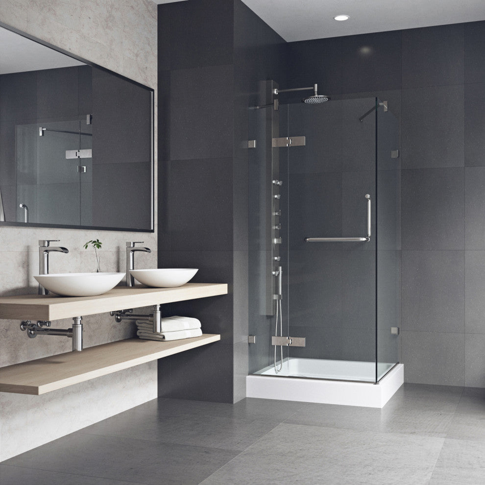 VIGO Monteray 36"D x 36"W x 79"H Frameless Hinged Shower Enclosure, Brushed Nickel, With Base