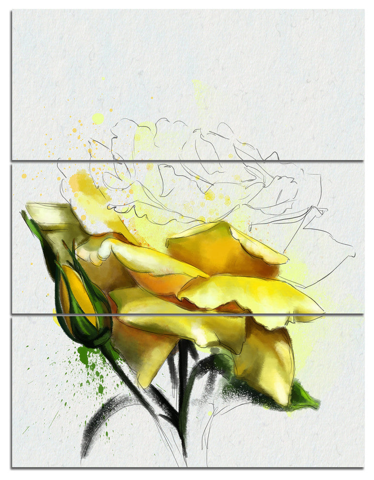 Yellow Rose Illustration Watercolor, Floral Triptych Canvas Art, 28x36, 3 Panels