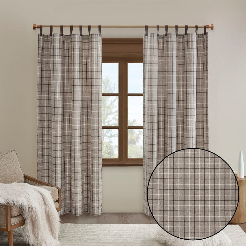Madison Park Anaheim Plaid Window Panel with Fleece Lining, Beige, Brown, 50x84", Leather Tap Window Panel