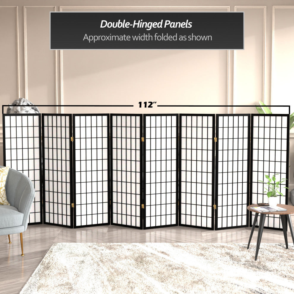 4' Tall Window Pane Shoji Screen, Black, 8 Panels