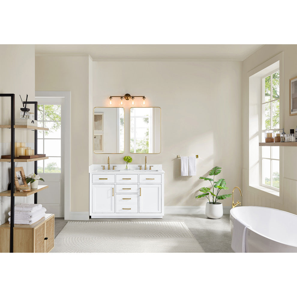 Gavino Vanity With Grain White Composite Stone Top, White/Brushed Gold, 54", No Mirror