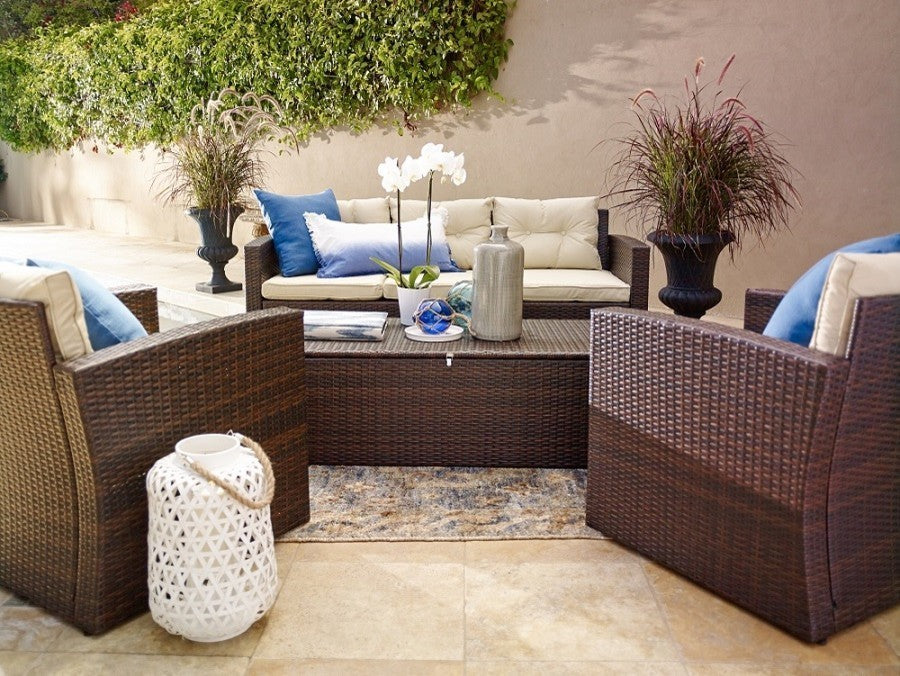 Rio 4-Piece Dark Brown Wicker Conversation Set With Storage and Cushions