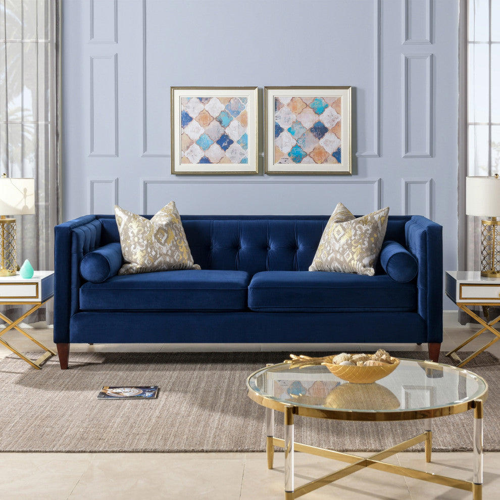 Jack 84" Modern Tuxedo Tufted Sofa, Navy Blue Velvet