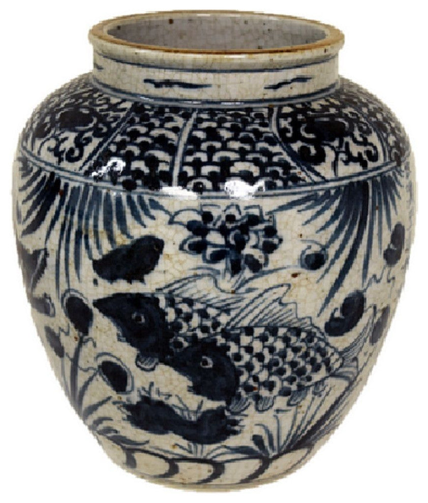 Blue and White Porcelain Fish Motif Flower Vase 8"