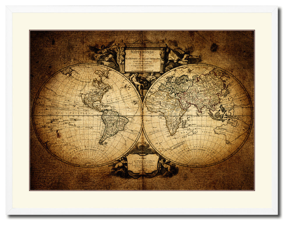 World Vintage Old Map Print On Canvas With Picture Frame 28" X 37"
