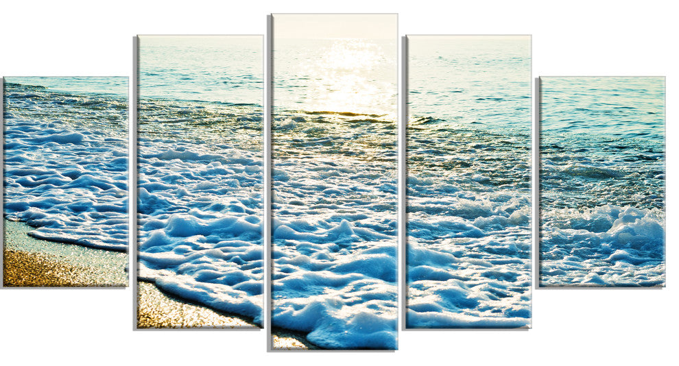 "Bright Blue Tranquil Seashore" Beach Canvas Wall Art, 5 Panels, 60"x32"