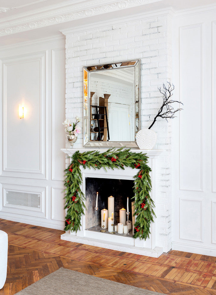 Serene Spaces Living 9ft Faux Pine Garland With Red Berries and Mini Pinecones