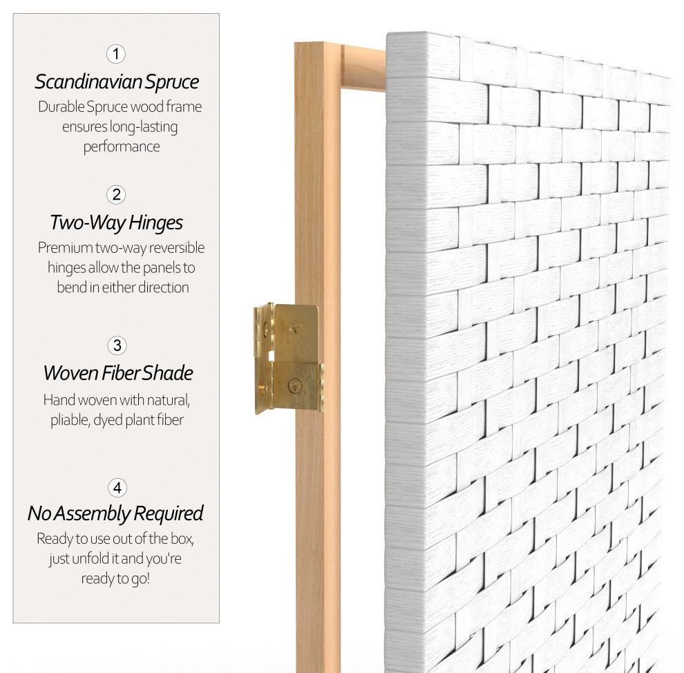 7' Tall Woven Fiber Room Divider, White, 8 Panel