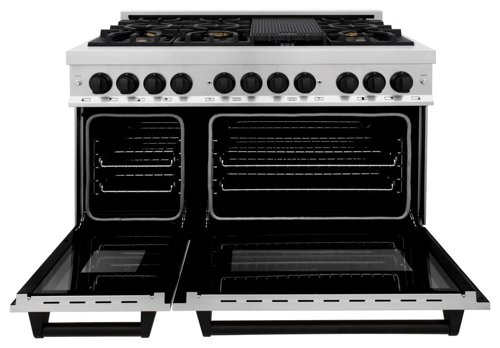 ZLINE 48" Dual Fuel Range, Stainless Steel With Matte Black Accents RAZ-48-MB