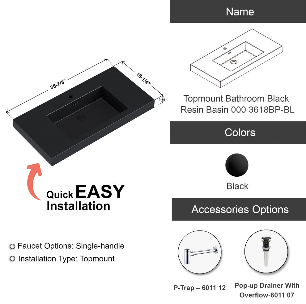 Dowell 18" FTB Resin Bathroom Vanity Basin, Black, 36wx18dx6h