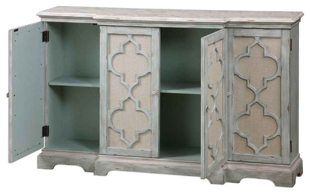Ivory Gray Quatrefoil 4-Door Cabinet, Entertainment TV Center