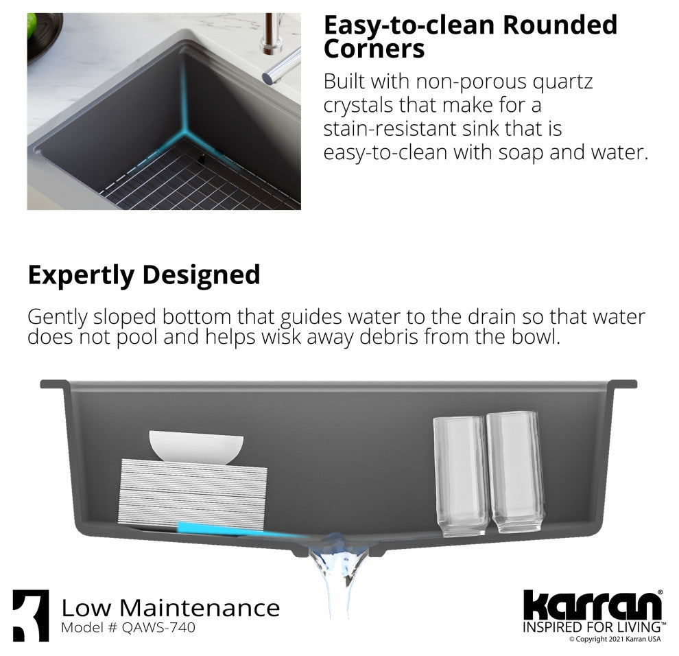 Karran 34" Quartz Farmhouse Single Bowl Workstation Kitchen Sink, Black