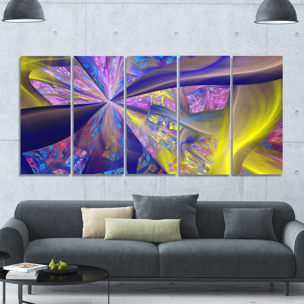 Purple Yellow Fractal Curves, Abstract Canvas Art Print, 60"x28", 5 Panels