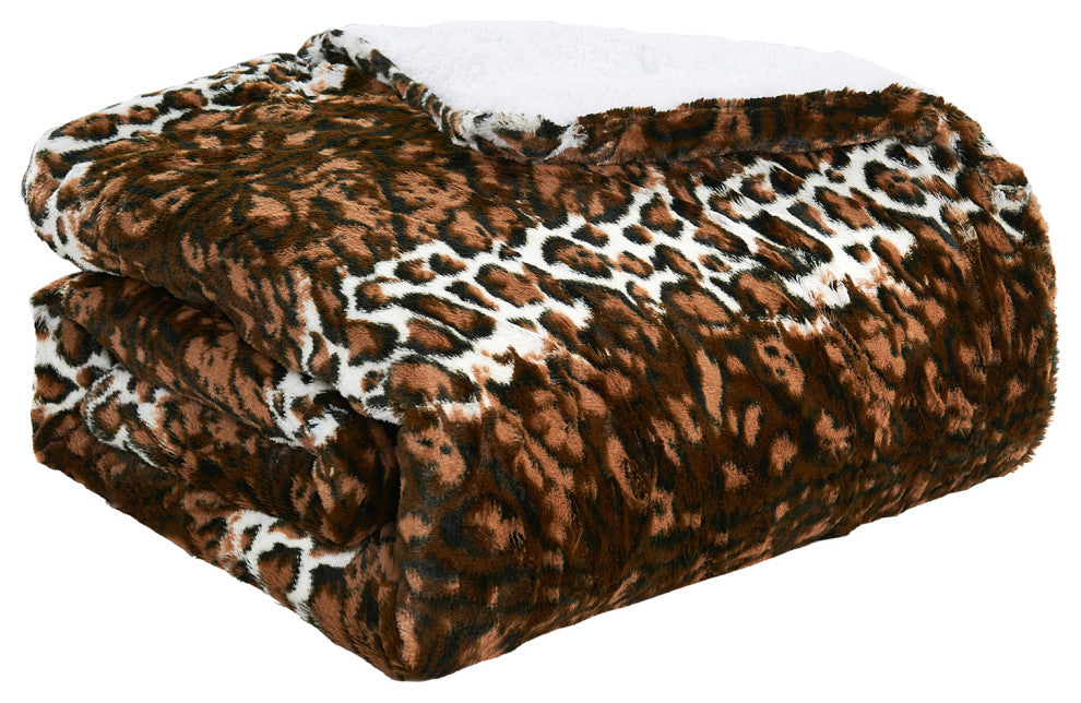 Leopard Faux Fur and Sherpa Blanket, Queen