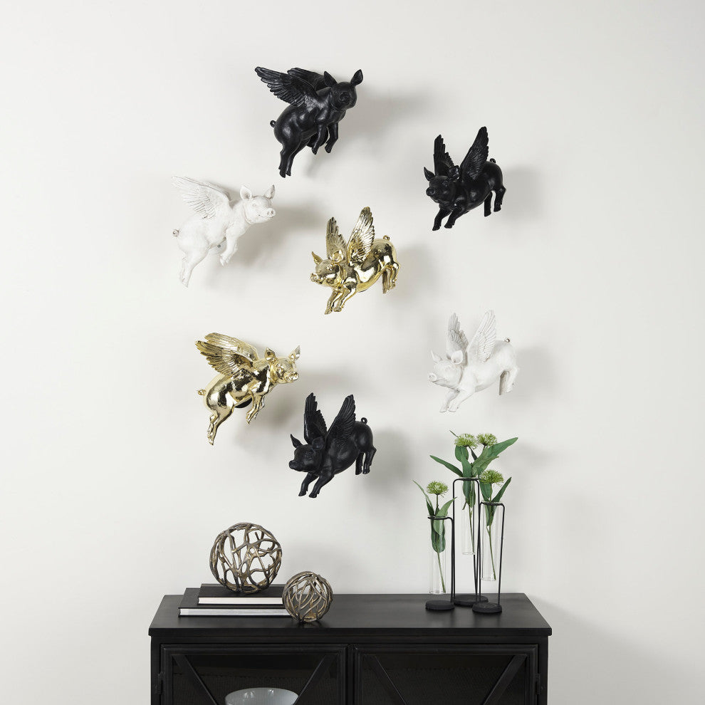 Hogbadi I White Resin Flying Pigs, Set Of 2, White