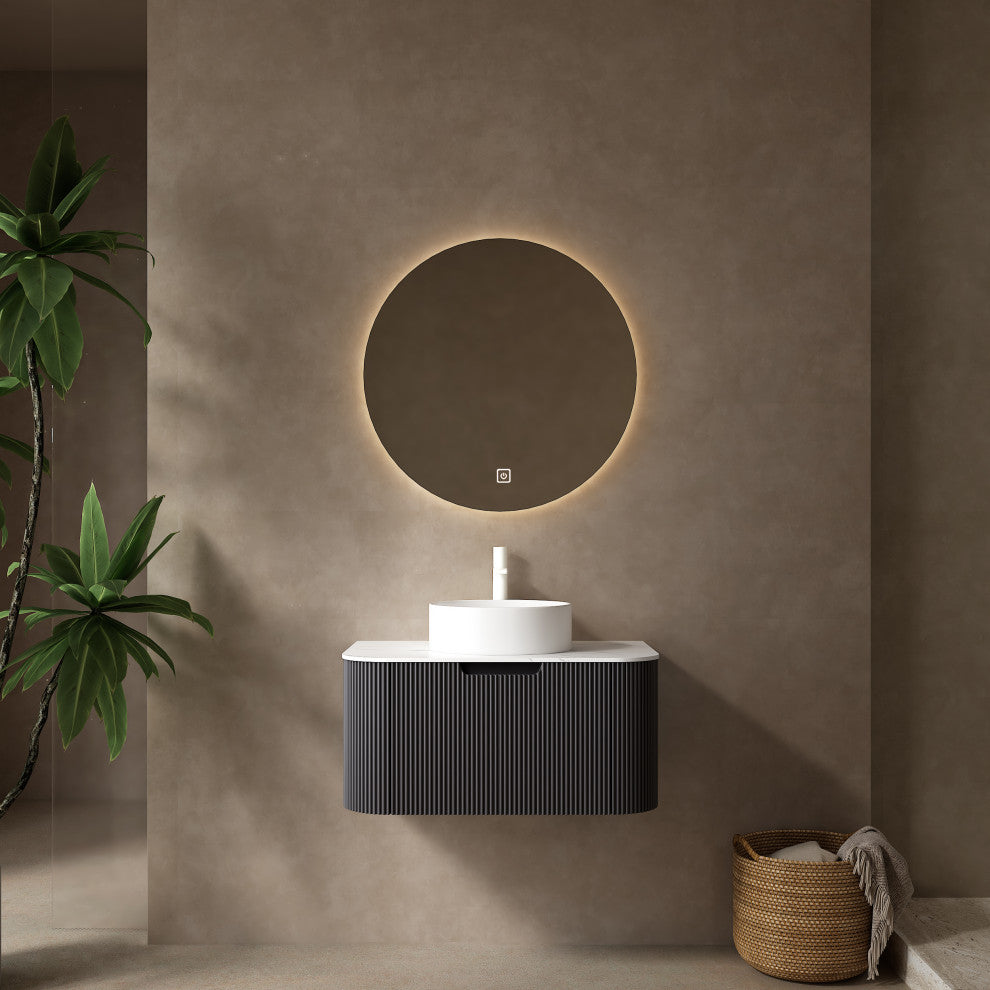 Wall-Mounted Bathroom Vanity With White Round Ceramic Basin, Black, 30"