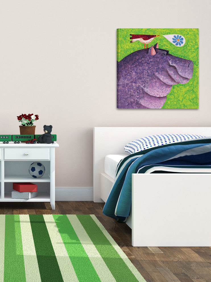 Marmont Hill, "Happy Happy Hippo" by Janet Nelson Print on Wrapped Canvas, 18x18