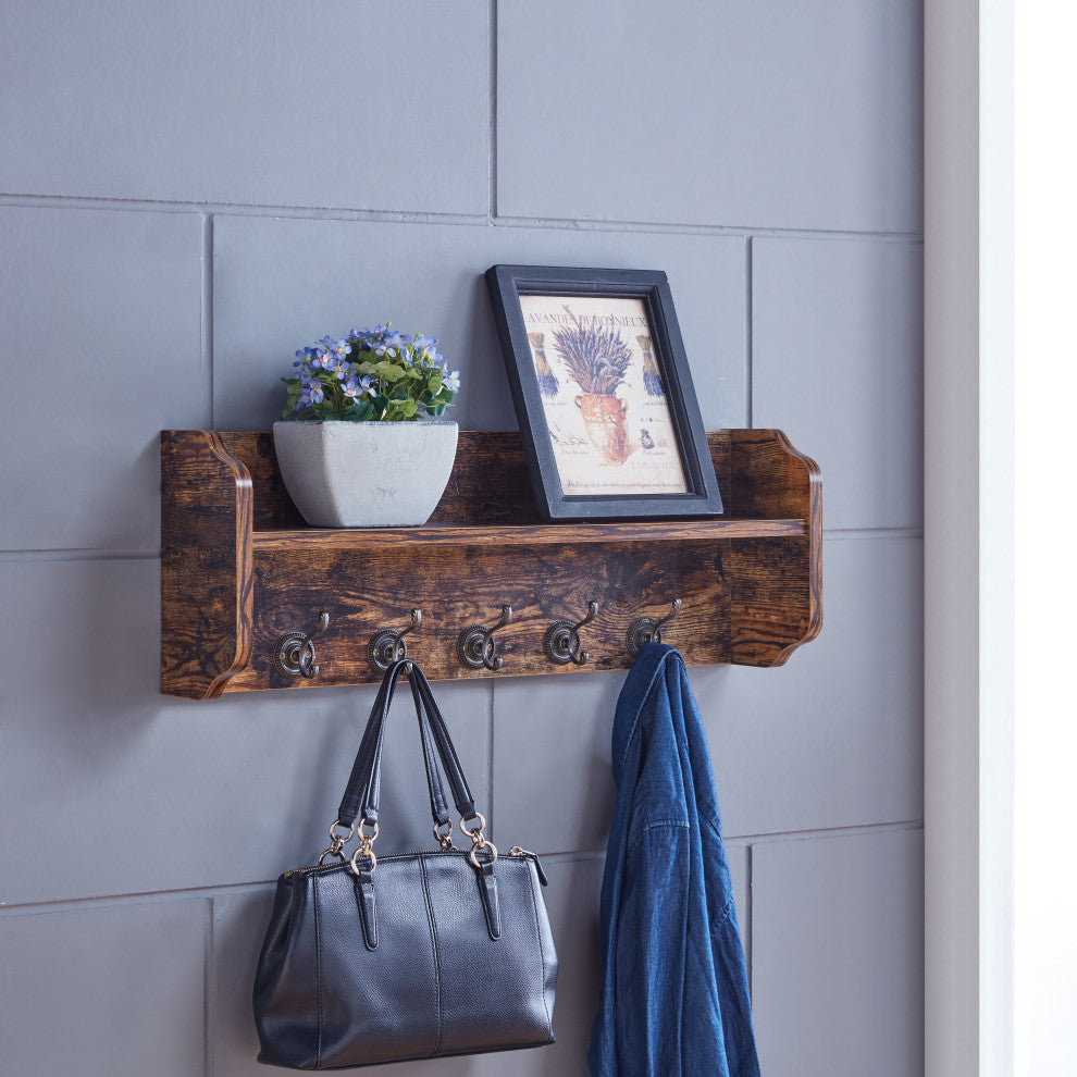 Danya B. Entryway Floating Utility Wall Shelf with Hooks "“ Wall Mounted, Pine