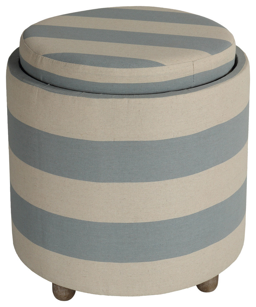 Cortesi Home Keyes Round Storage Ottoman With Tray Top, Blue and White Striped F