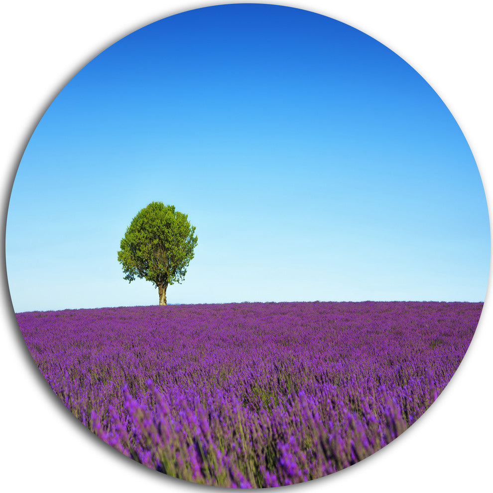 Green Tree Among Lavender Flowers, Landscape Round Metal Wall Art, 23"