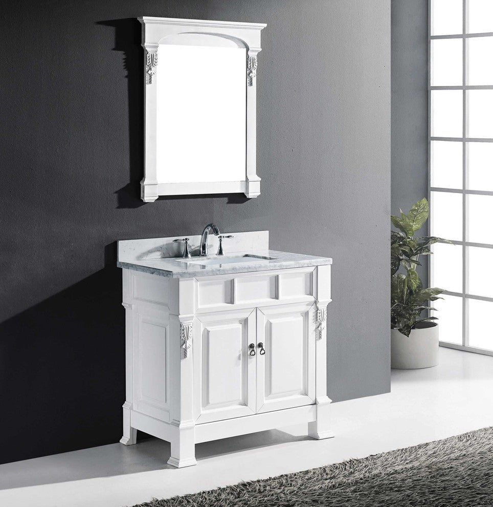 Virtu Huntshire 36" Single Bathroom Vanity, White With Faucet and Mirror