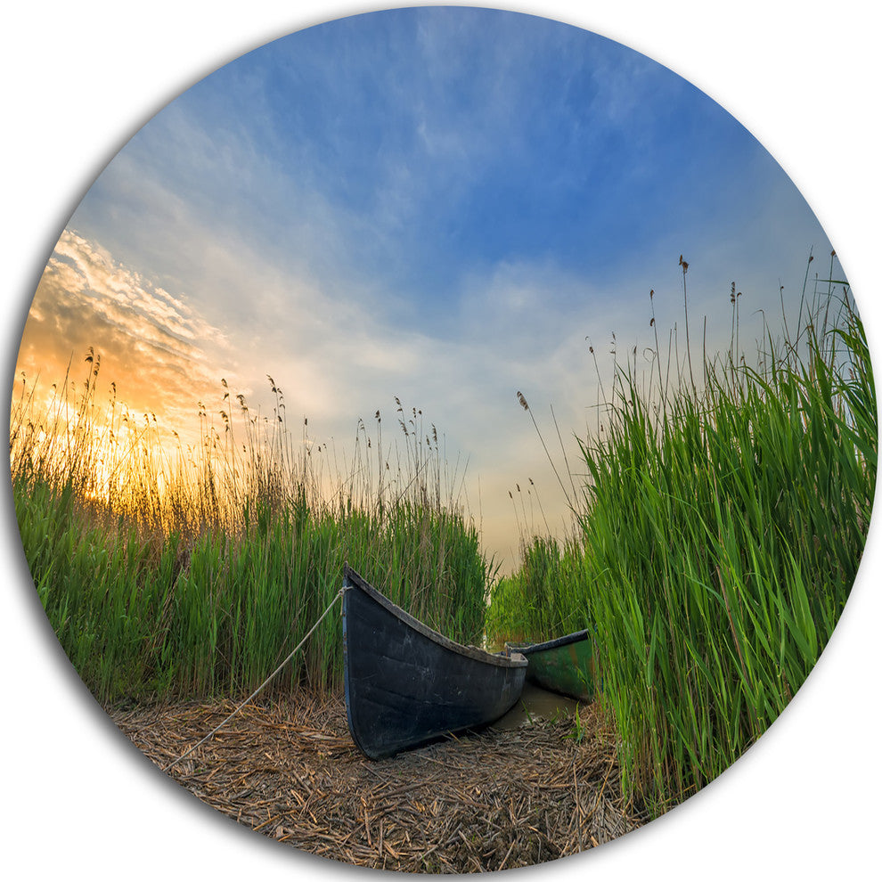 Old Fisher Boat Near Lake, Landscape Photo Disc Metal Wall Art, 11"
