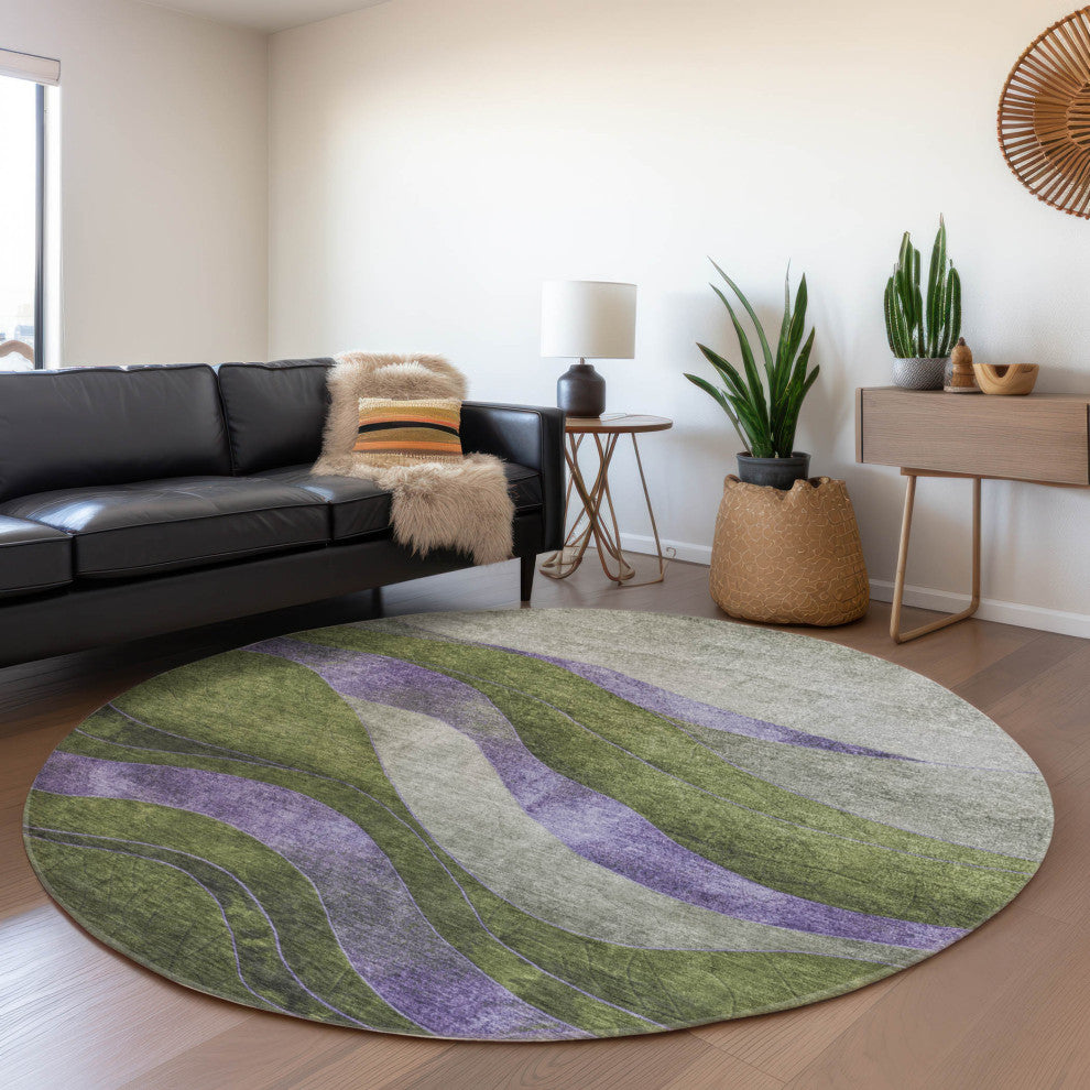 Machine Washable Indoor/Outdoor Chantille ACN1892 Olive 8' x 8' Round Rug