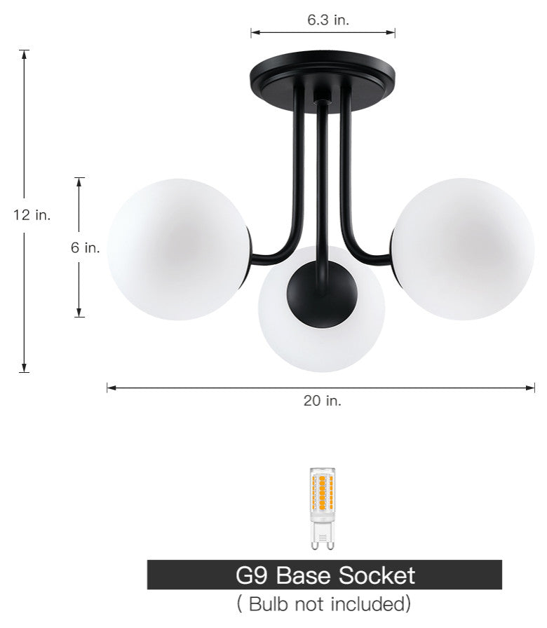 20" W 3-Light Globe Semi Flush Mount With Black Canopy