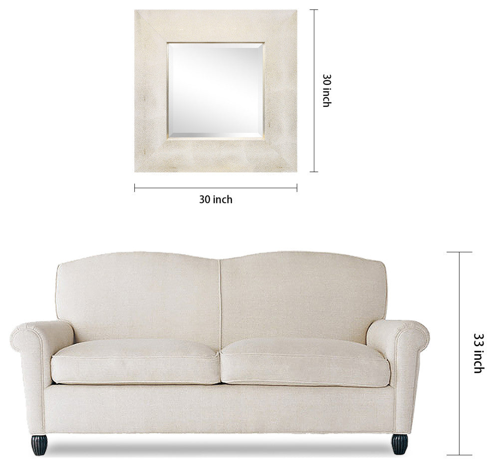 Beveled Wall Mirror, Gold on White Metallic Shagreen Leather Framed Mirror