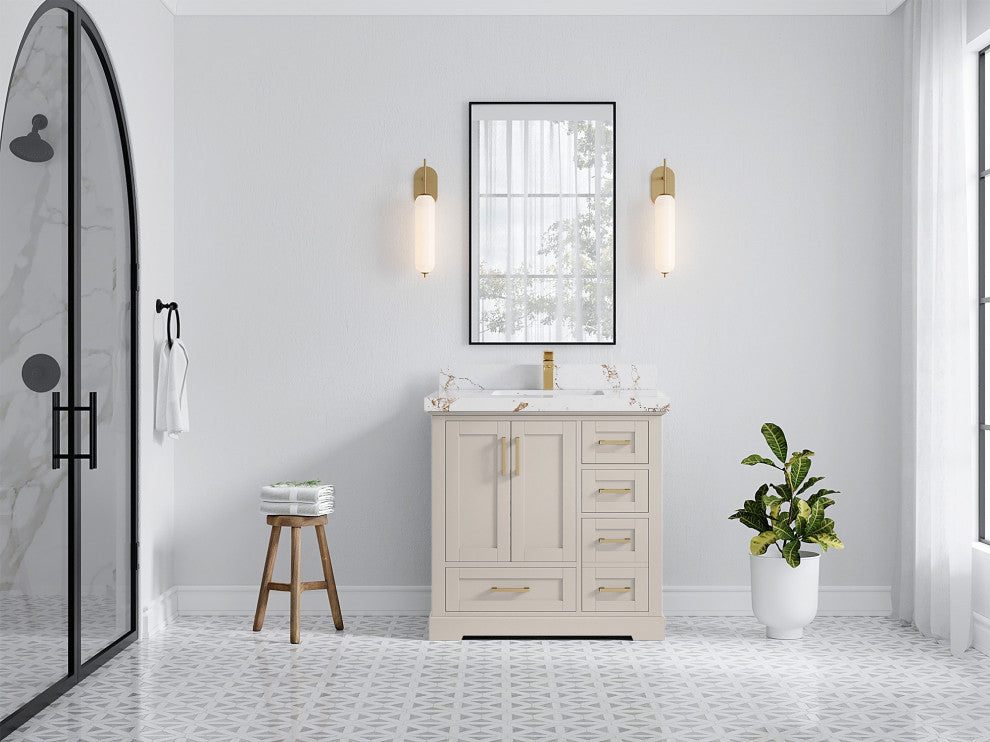 Boston 36" Center Sink Bath Vanity in Fine Grain 2" Viola Gold