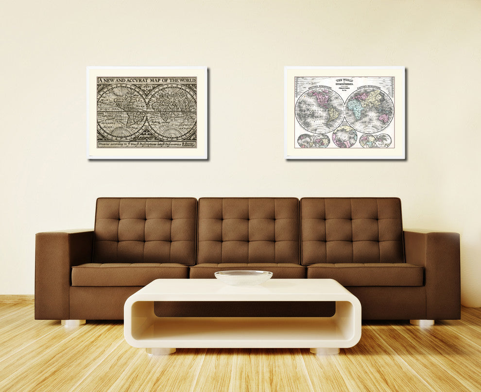 The World Vintage Old Map Print On Canvas With Picture Frame 28" X 37"