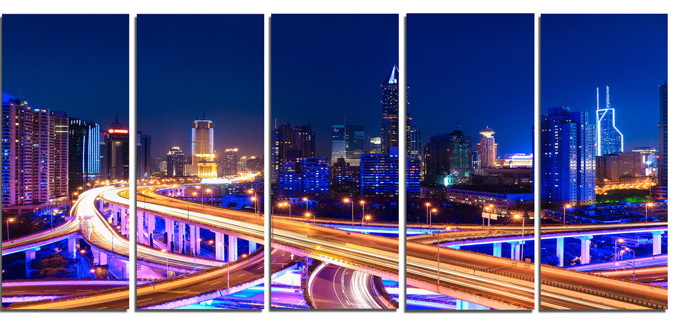 "Interchange Overpass at Night Skyline" Wall Art, 60"x28", 5-Panels