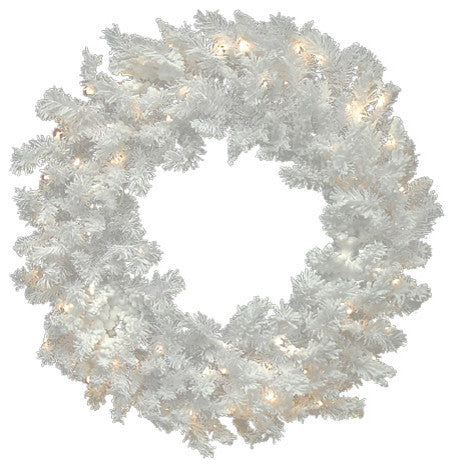 72" Pre-Lit LED Flocked White Spruce Christmas Wreath, Warm Clear Lights