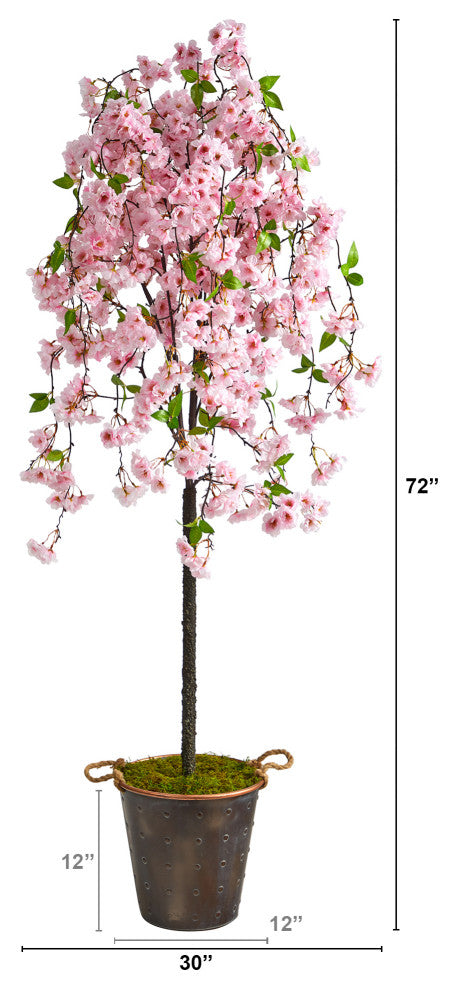 6' Cherry Blossom Artificial Tree, Decorative Metal Pail With Rope