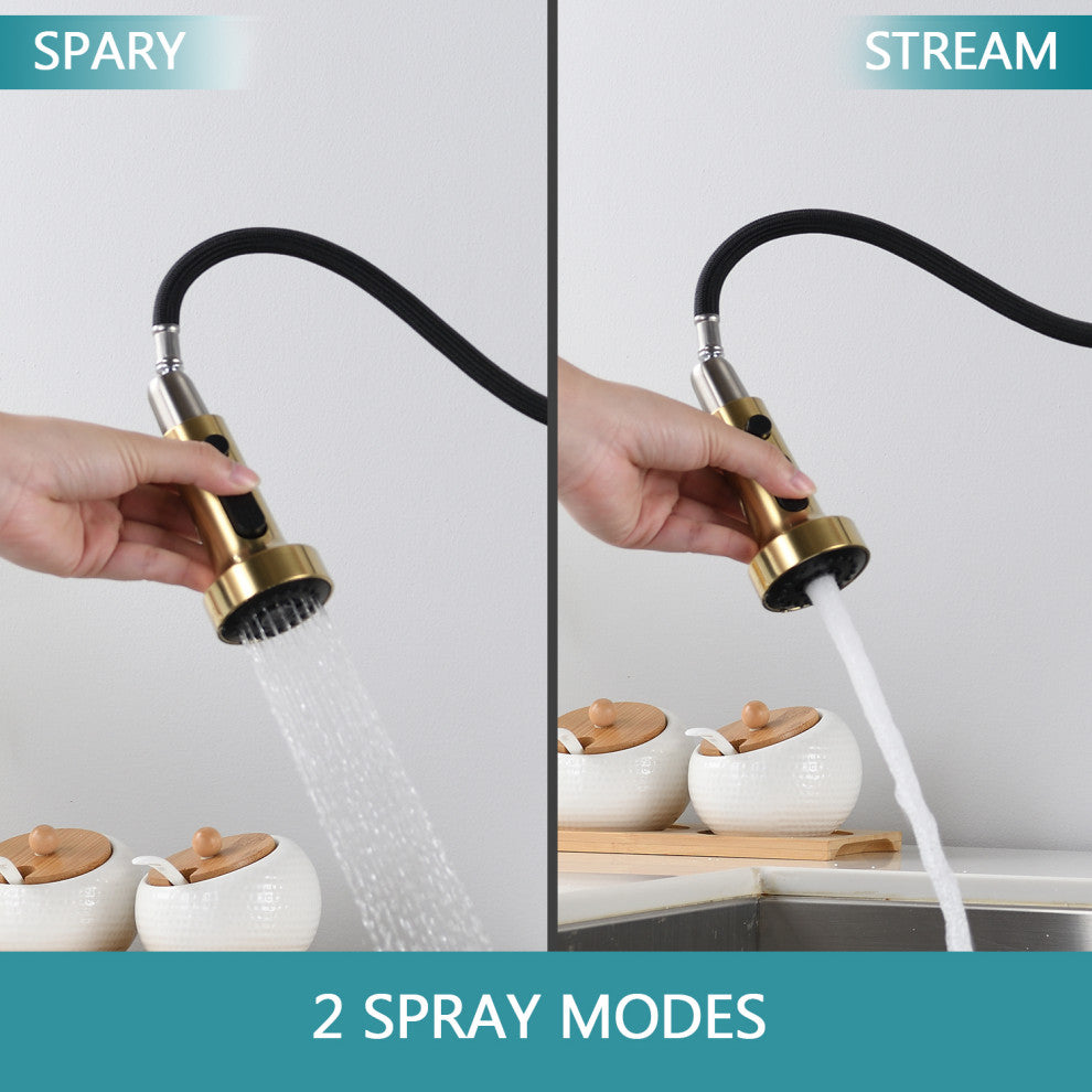 Pull Down Kitchen Facuet With Deck Plate, Brushed Gold