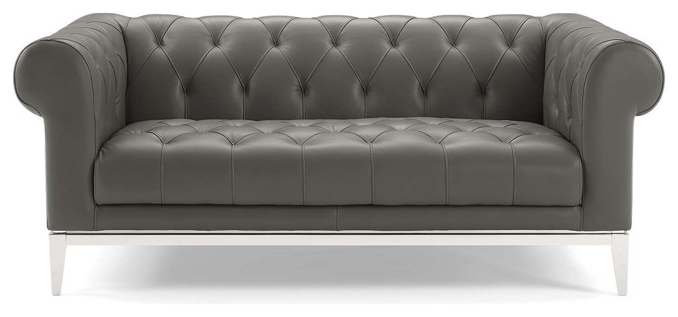 Idyll Tufted Button Upholstered Leather Chesterfield Loveseat-Gray