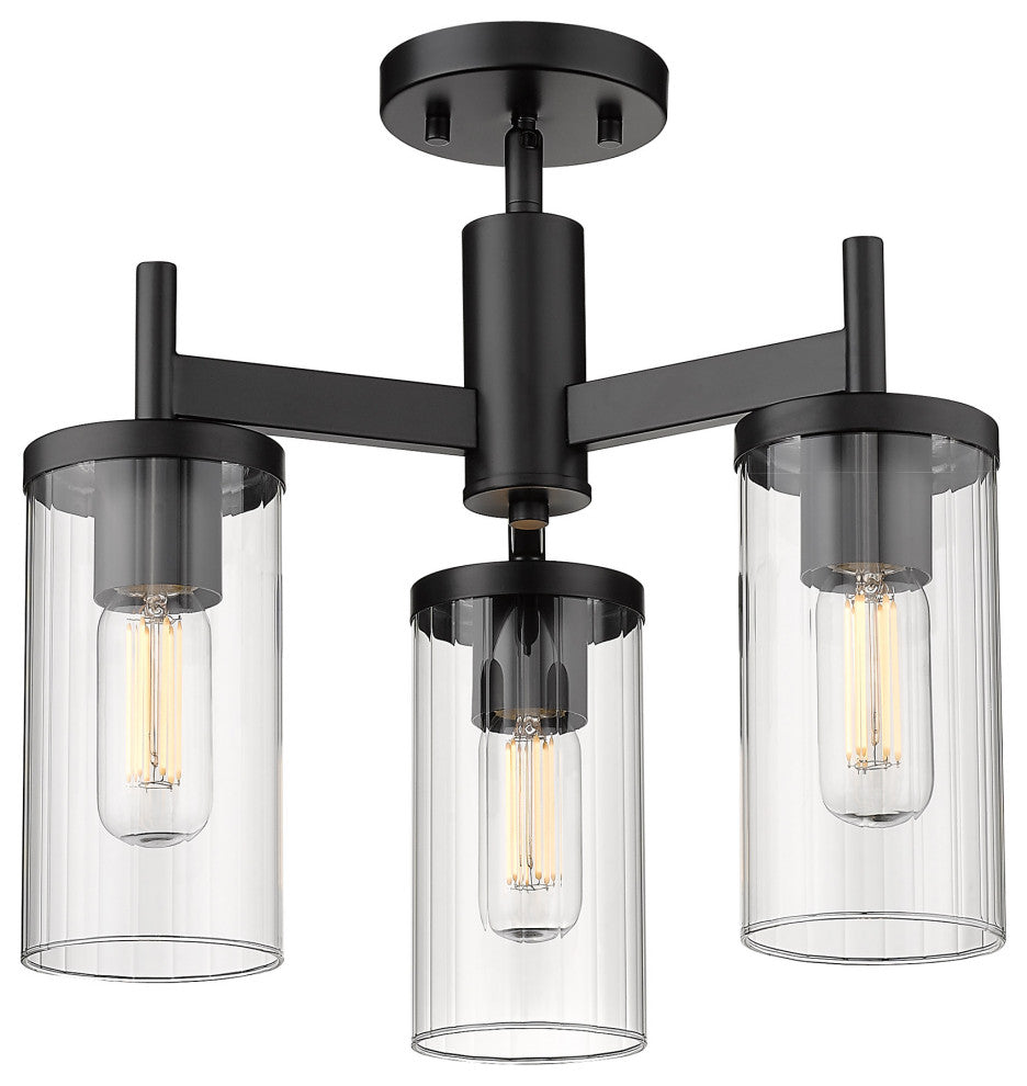 Winslett 3 Light Semi-Flush, Matte Black With Ribbed Clear Glass