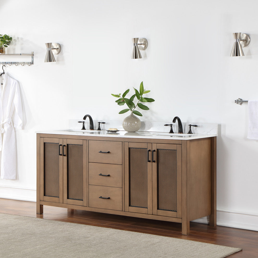 Hadiya Brown Pine Bathroom Vanity Set, 72", Without Mirror