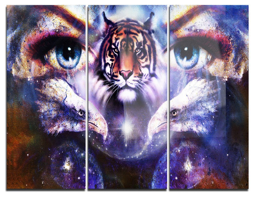 "Tiger, Eagles and Woman Eyes Collage" Metal Wall Art, 3 Panels, 36"x28"